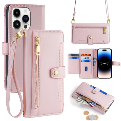 For iPhone 14 Pro Case Zipper Pocket Wallet Leather Phone Cover with 2 Straps