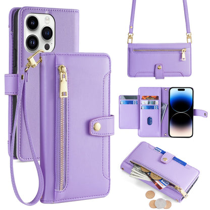 For iPhone 14 Pro Case Zipper Pocket Wallet Leather Phone Cover with 2 Straps