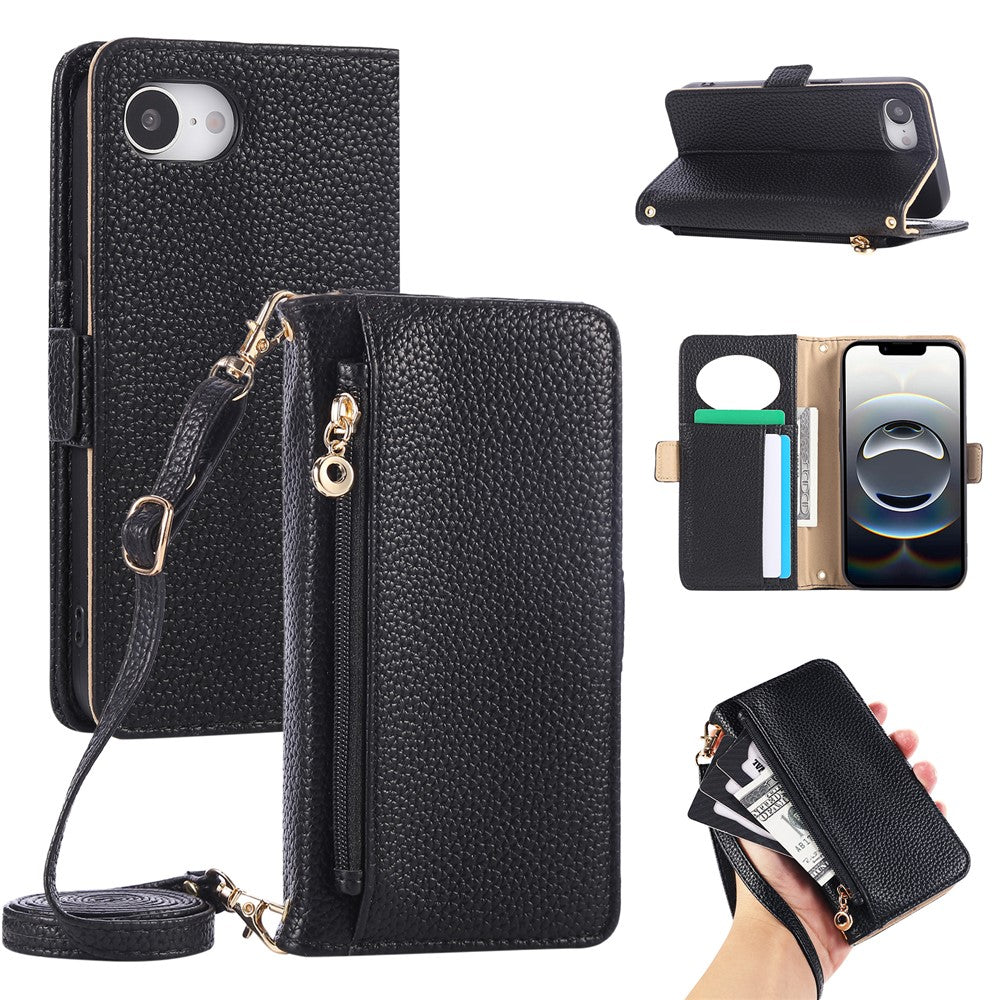 For iPhone 17e / 16e Wallet Phone Case Shockproof TPU+PU Leather Flip Cover with Mirror, Strap