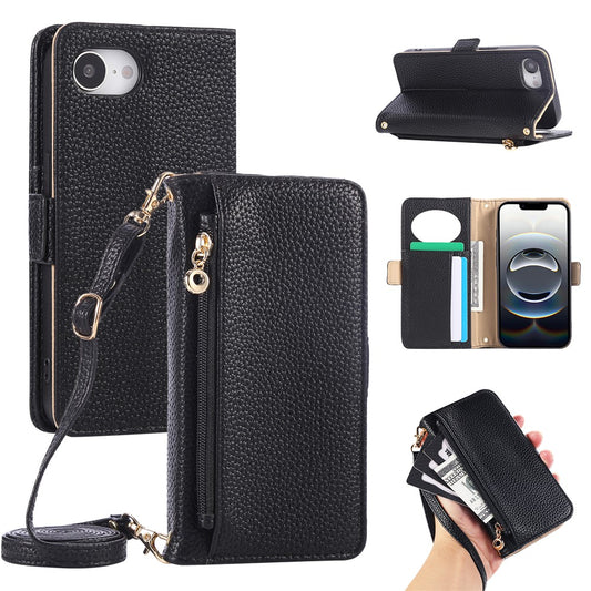 For iPhone 17e / 16e Wallet Phone Case Shockproof TPU+PU Leather Flip Cover with Mirror, Strap