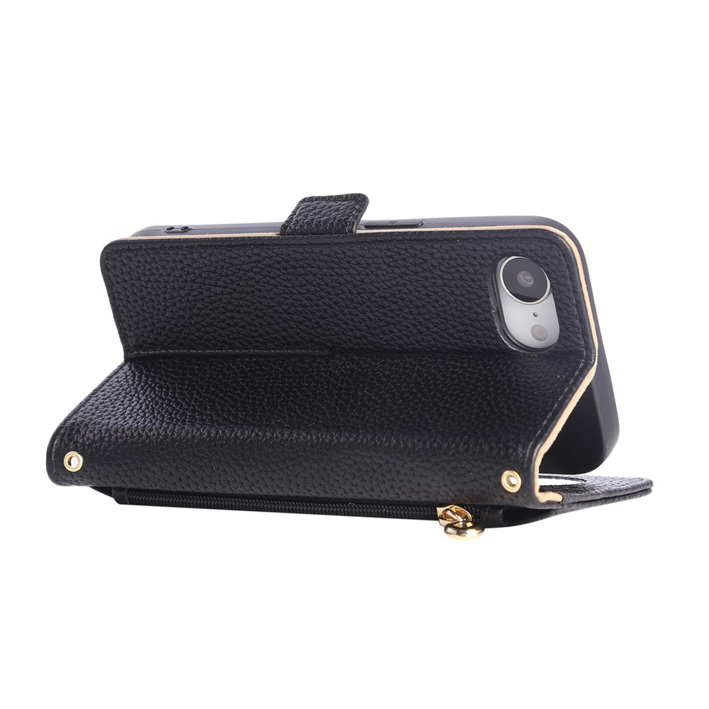 For iPhone 17e / 16e Wallet Phone Case Shockproof TPU+PU Leather Flip Cover with Mirror, Strap