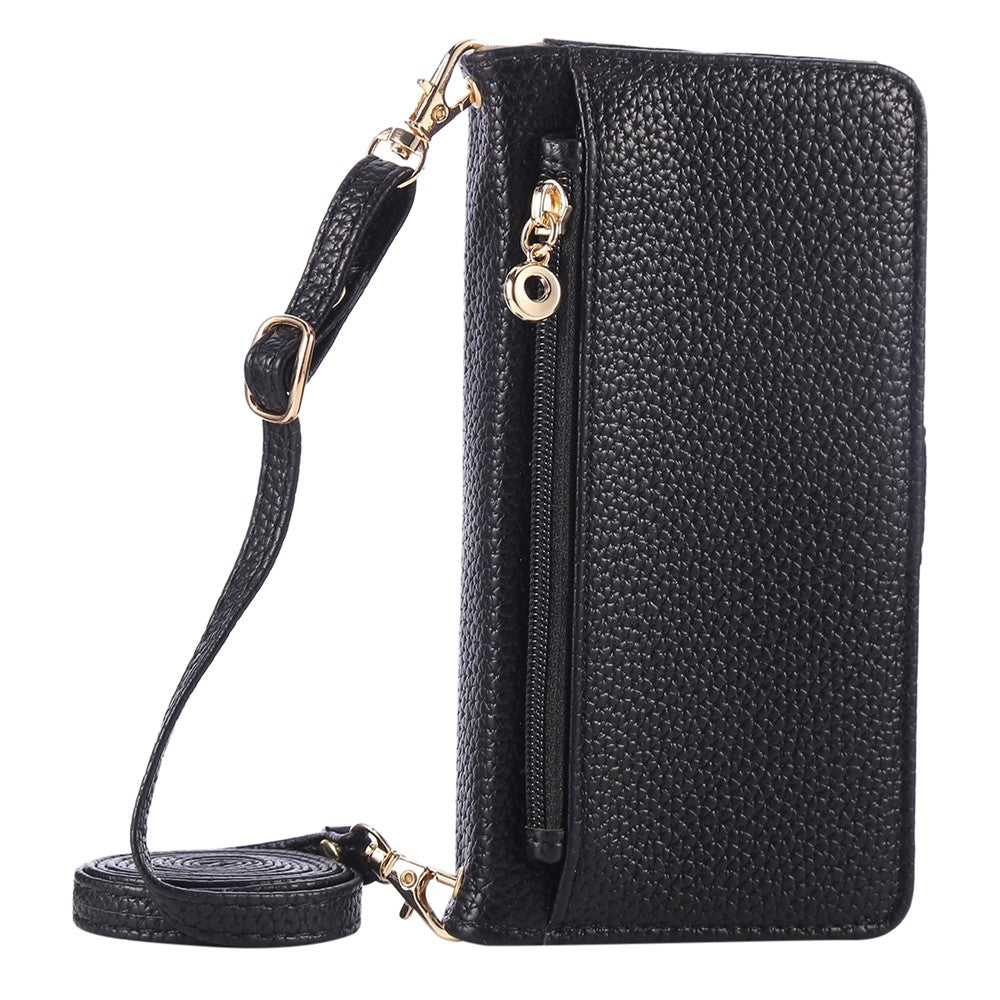 For iPhone 17e / 16e Wallet Phone Case Shockproof TPU+PU Leather Flip Cover with Mirror, Strap