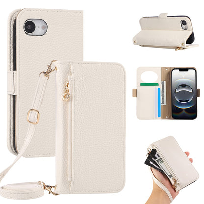 For iPhone 17e / 16e Wallet Phone Case Shockproof TPU+PU Leather Flip Cover with Mirror, Strap