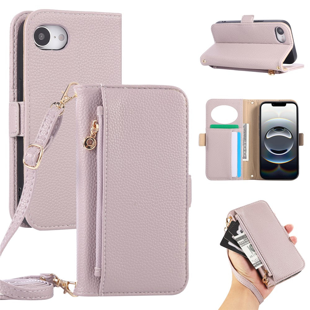 For iPhone 17e / 16e Wallet Phone Case Shockproof TPU+PU Leather Flip Cover with Mirror, Strap