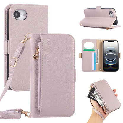 For iPhone 17e / 16e Wallet Phone Case Shockproof TPU+PU Leather Flip Cover with Mirror, Strap