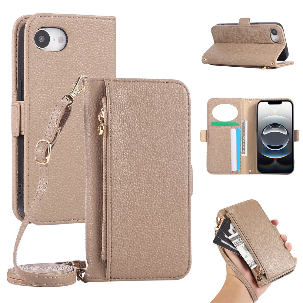 For iPhone 17e / 16e Wallet Phone Case Shockproof TPU+PU Leather Flip Cover with Mirror, Strap