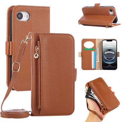 For iPhone 17e / 16e Wallet Phone Case Shockproof TPU+PU Leather Flip Cover with Mirror, Strap
