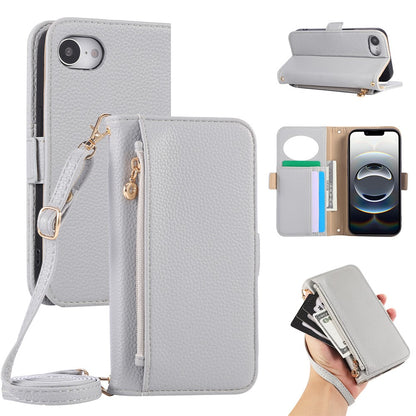 For iPhone 17e / 16e Wallet Phone Case Shockproof TPU+PU Leather Flip Cover with Mirror, Strap
