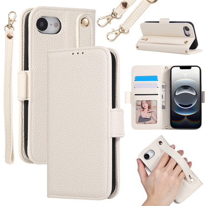 For iPhone 17e / 16e Wallet Case RFID Blocking Litchi Texture Flip Leather Cover with Wrist Strap and Crossbody Strap