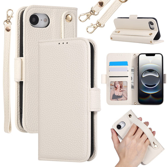 For iPhone 17e / 16e Wallet Case RFID Blocking Litchi Texture Flip Leather Cover with Wrist Strap and Crossbody Strap