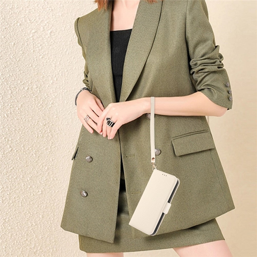 For iPhone 17e / 16e Wallet Case RFID Blocking Litchi Texture Flip Leather Cover with Wrist Strap and Crossbody Strap