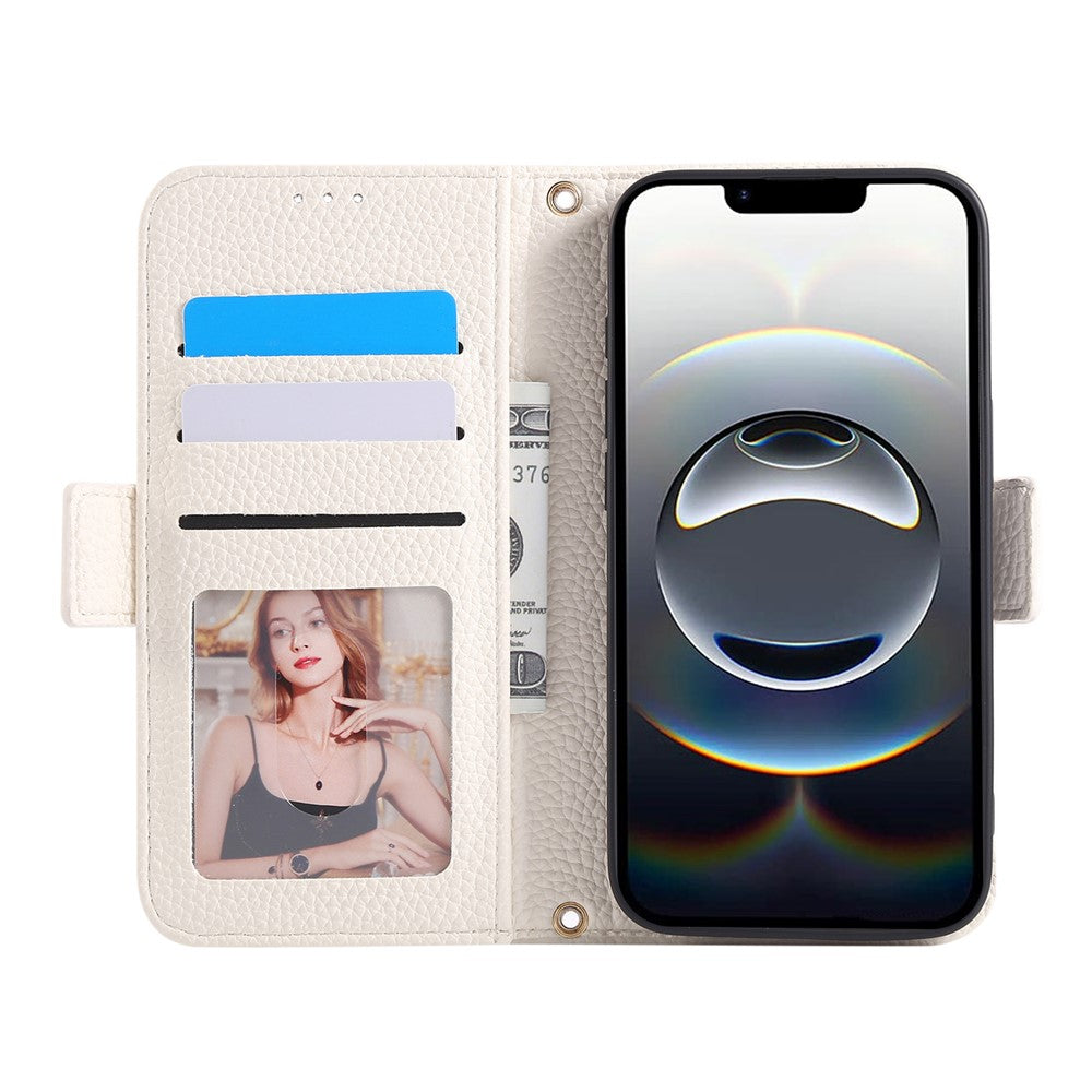 For iPhone 17e / 16e Wallet Case RFID Blocking Litchi Texture Flip Leather Cover with Wrist Strap and Crossbody Strap