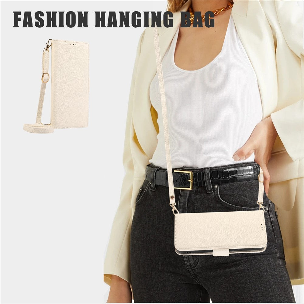 For iPhone 17e / 16e Wallet Case RFID Blocking Litchi Texture Flip Leather Cover with Wrist Strap and Crossbody Strap
