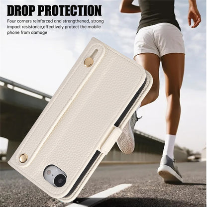 For iPhone 17e / 16e Wallet Case RFID Blocking Litchi Texture Flip Leather Cover with Wrist Strap and Crossbody Strap