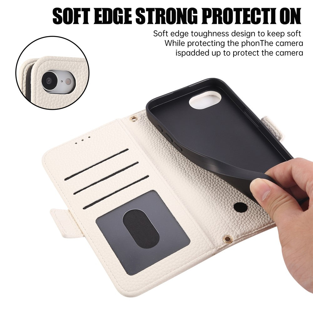For iPhone 17e / 16e Wallet Case RFID Blocking Litchi Texture Flip Leather Cover with Wrist Strap and Crossbody Strap