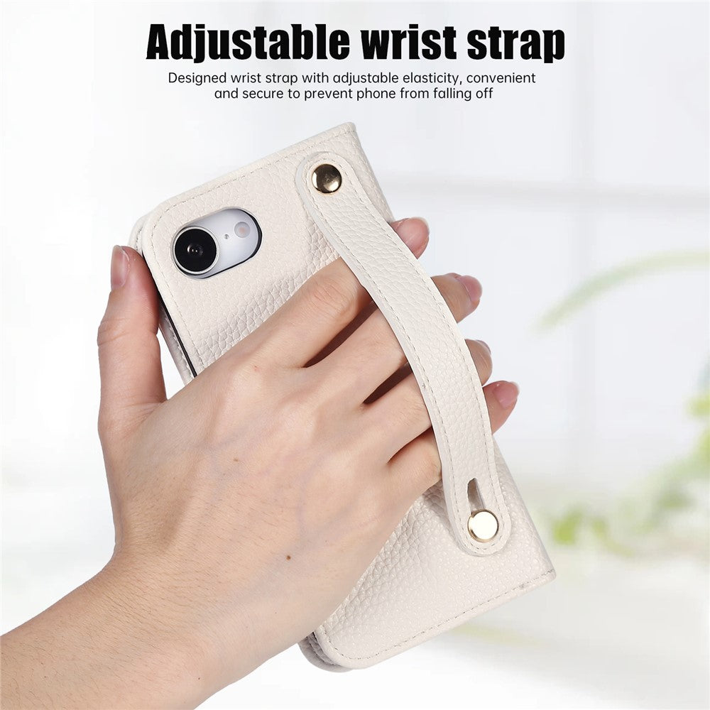 For iPhone 17e / 16e Wallet Case RFID Blocking Litchi Texture Flip Leather Cover with Wrist Strap and Crossbody Strap