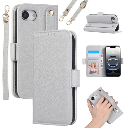 For iPhone 17e / 16e Wallet Case RFID Blocking Litchi Texture Flip Leather Cover with Wrist Strap and Crossbody Strap