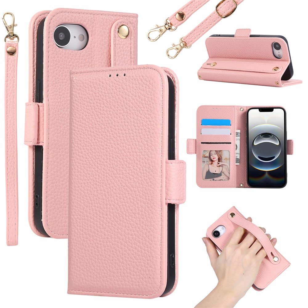 For iPhone 17e / 16e Wallet Case RFID Blocking Litchi Texture Flip Leather Cover with Wrist Strap and Crossbody Strap