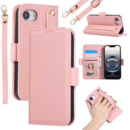 For iPhone 17e / 16e Wallet Case RFID Blocking Litchi Texture Flip Leather Cover with Wrist Strap and Crossbody Strap