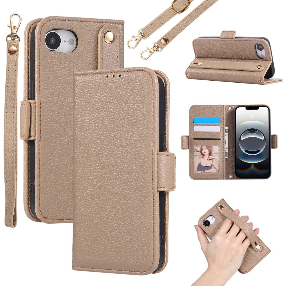 For iPhone 17e / 16e Wallet Case RFID Blocking Litchi Texture Flip Leather Cover with Wrist Strap and Crossbody Strap
