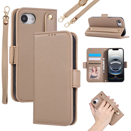 For iPhone 17e / 16e Wallet Case RFID Blocking Litchi Texture Flip Leather Cover with Wrist Strap and Crossbody Strap
