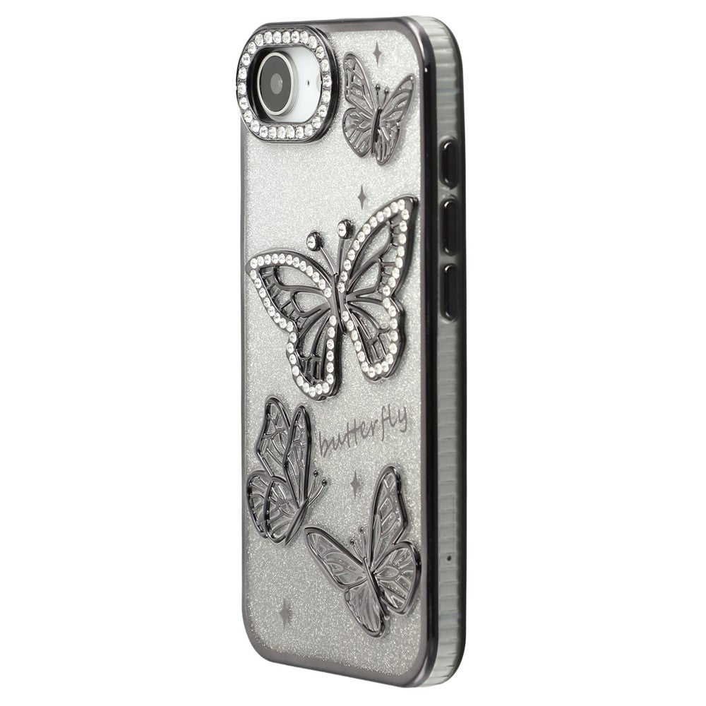 For iPhone 17e / 16e Case Rhinestones Decor 3D Butterfly TPU Phone Cover with Glitter Paper