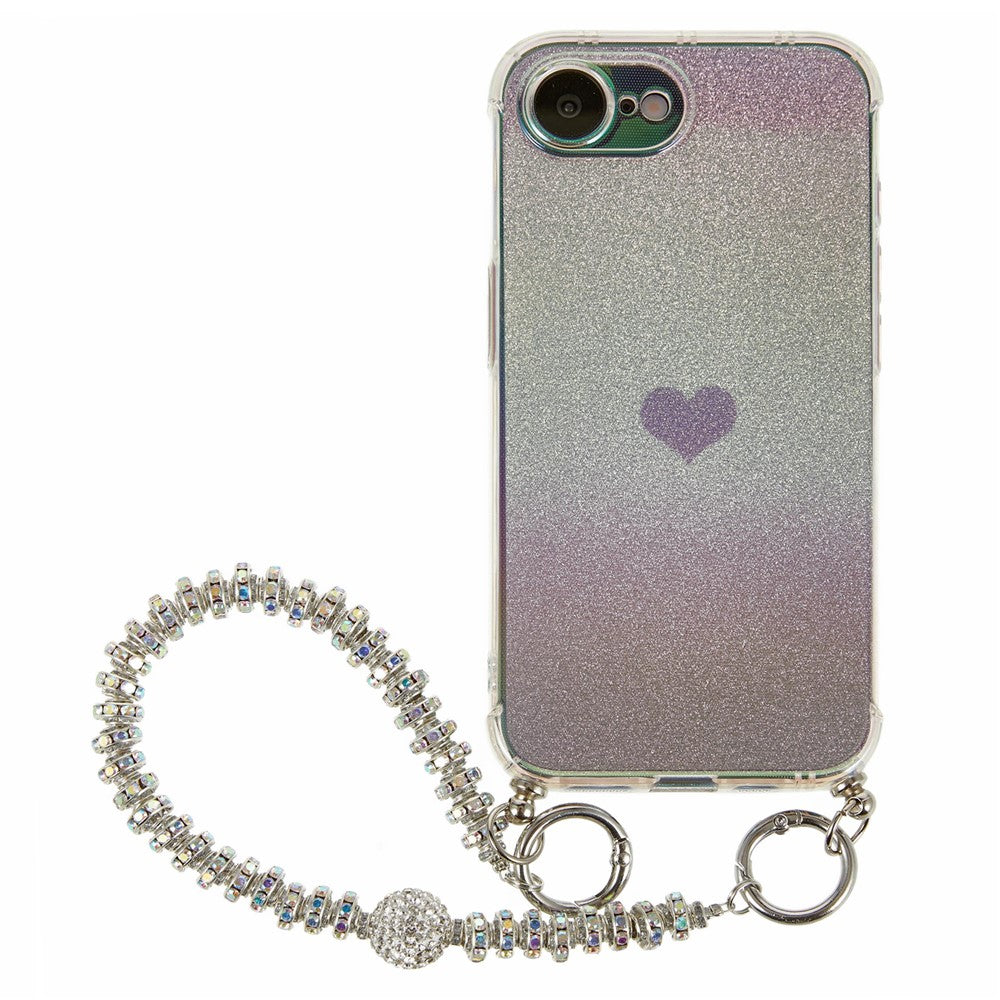 For iPhone 17e / 16e Case Heart Glitter Gradient TPU Phone Back Cover with Rhinestones Strap