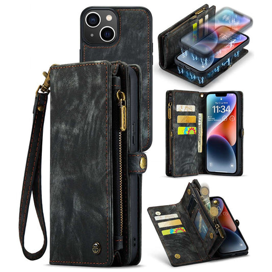 CASEME 008 Series for iPhone 14 PU Leather Zipper Pocket Detachable Magnetic Phone Case Multi-Functional Wallet Stand Cover with Strap