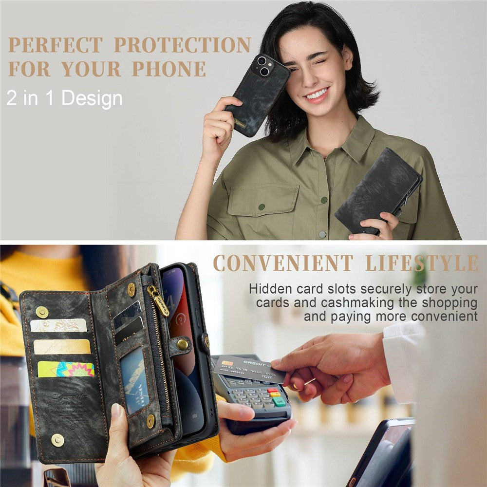 CASEME 008 Series for iPhone 14 PU Leather Zipper Pocket Detachable Magnetic Phone Case Multi-Functional Wallet Stand Cover with Strap