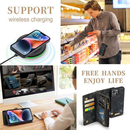 CASEME 008 Series for iPhone 14 PU Leather Zipper Pocket Detachable Magnetic Phone Case Multi-Functional Wallet Stand Cover with Strap