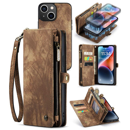 CASEME 008 Series for iPhone 14 PU Leather Zipper Pocket Detachable Magnetic Phone Case Multi-Functional Wallet Stand Cover with Strap