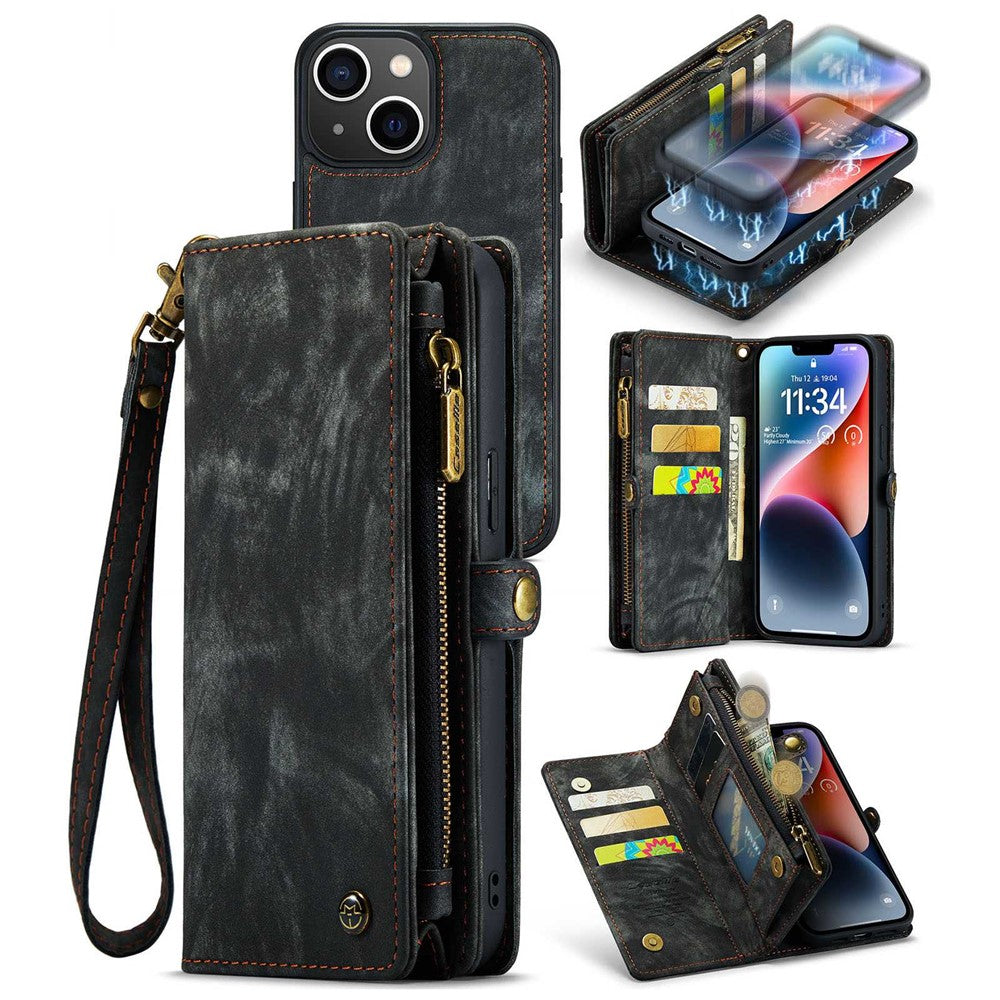 CASEME 008 Series for iPhone 14 Plus PU Leather Detachable Magnetic Handbag Phone Case Multi-Functional Zipper Pocket Wallet Stand Cover with Strap