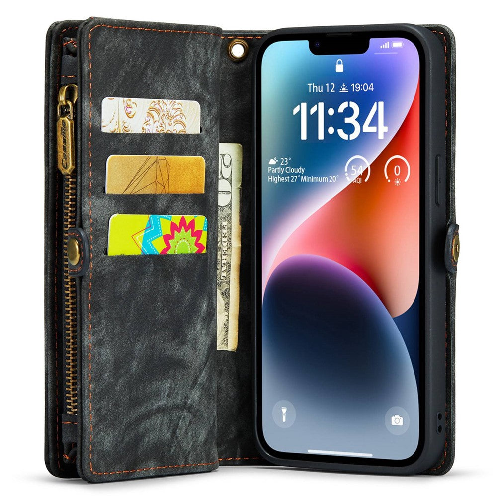 CASEME 008 Series for iPhone 14 Plus PU Leather Detachable Magnetic Handbag Phone Case Multi-Functional Zipper Pocket Wallet Stand Cover with Strap