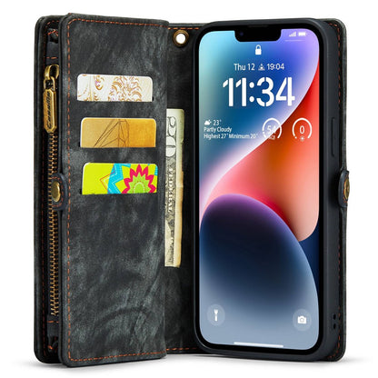 CASEME 008 Series for iPhone 14 Plus PU Leather Detachable Magnetic Handbag Phone Case Multi-Functional Zipper Pocket Wallet Stand Cover with Strap