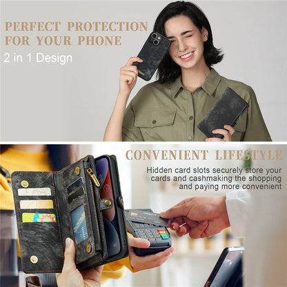 CASEME 008 Series for iPhone 14 Plus PU Leather Detachable Magnetic Handbag Phone Case Multi-Functional Zipper Pocket Wallet Stand Cover with Strap