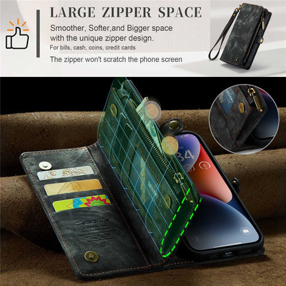 CASEME 008 Series for iPhone 14 Plus PU Leather Detachable Magnetic Handbag Phone Case Multi-Functional Zipper Pocket Wallet Stand Cover with Strap
