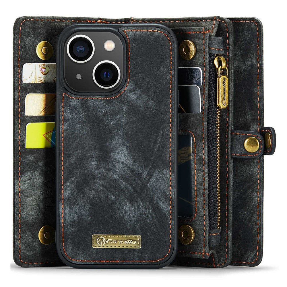 CASEME 008 Series for iPhone 14 Plus PU Leather Detachable Magnetic Handbag Phone Case Multi-Functional Zipper Pocket Wallet Stand Cover with Strap