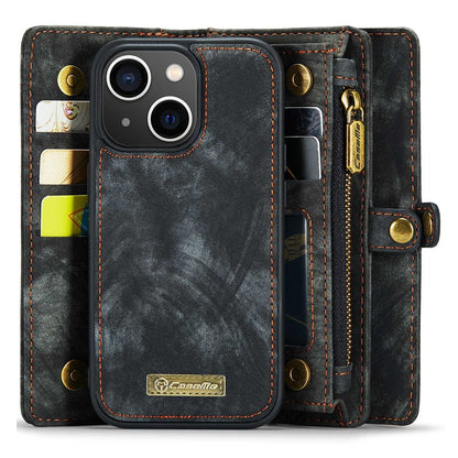 CASEME 008 Series for iPhone 14 Plus PU Leather Detachable Magnetic Handbag Phone Case Multi-Functional Zipper Pocket Wallet Stand Cover with Strap