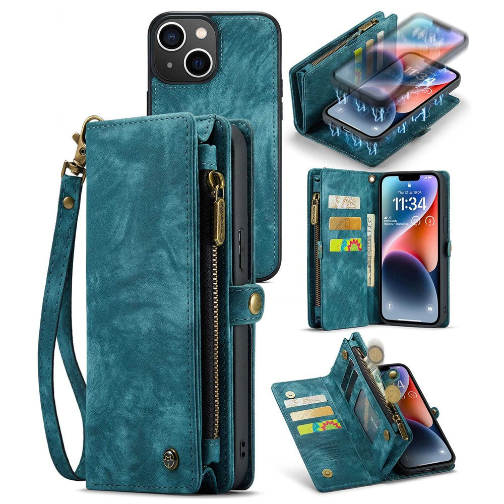 CASEME 008 Series for iPhone 14 Plus PU Leather Detachable Magnetic Handbag Phone Case Multi-Functional Zipper Pocket Wallet Stand Cover with Strap