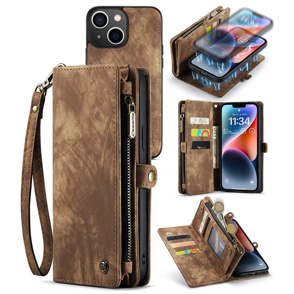 CASEME 008 Series for iPhone 14 Plus PU Leather Detachable Magnetic Handbag Phone Case Multi-Functional Zipper Pocket Wallet Stand Cover with Strap
