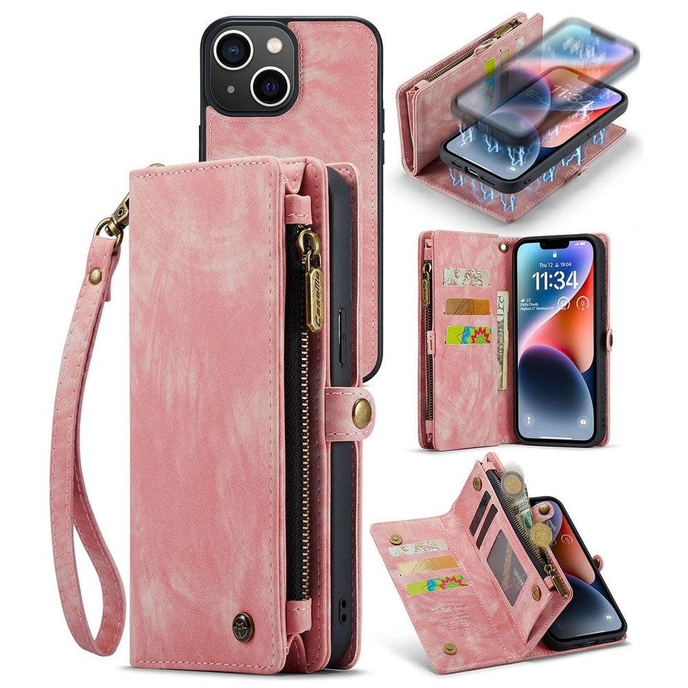 CASEME 008 Series for iPhone 14 Plus PU Leather Detachable Magnetic Handbag Phone Case Multi-Functional Zipper Pocket Wallet Stand Cover with Strap