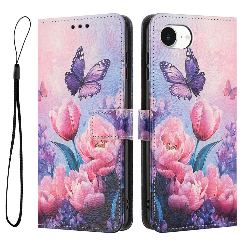 YX-2501 For iPhone 17e / 16e Stand Case Pattern Printing PU Leather Wallet Phone Cover with Lanyard