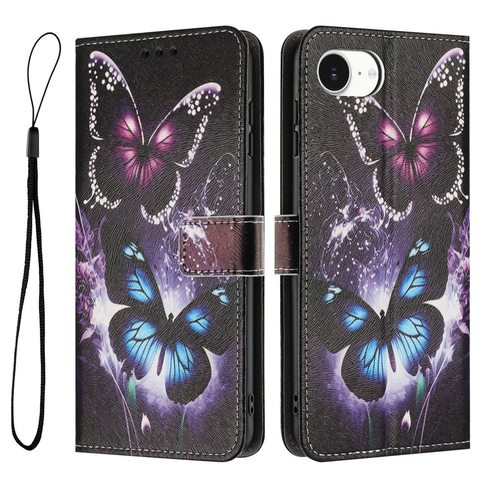 YX-2501 For iPhone 17e / 16e Stand Case Pattern Printing PU Leather Wallet Phone Cover with Lanyard