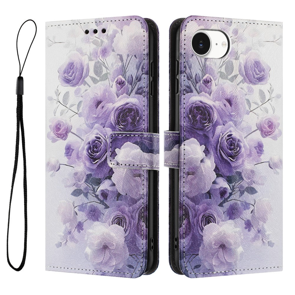 YX-2501 For iPhone 17e / 16e Stand Case Pattern Printing PU Leather Wallet Phone Cover with Lanyard