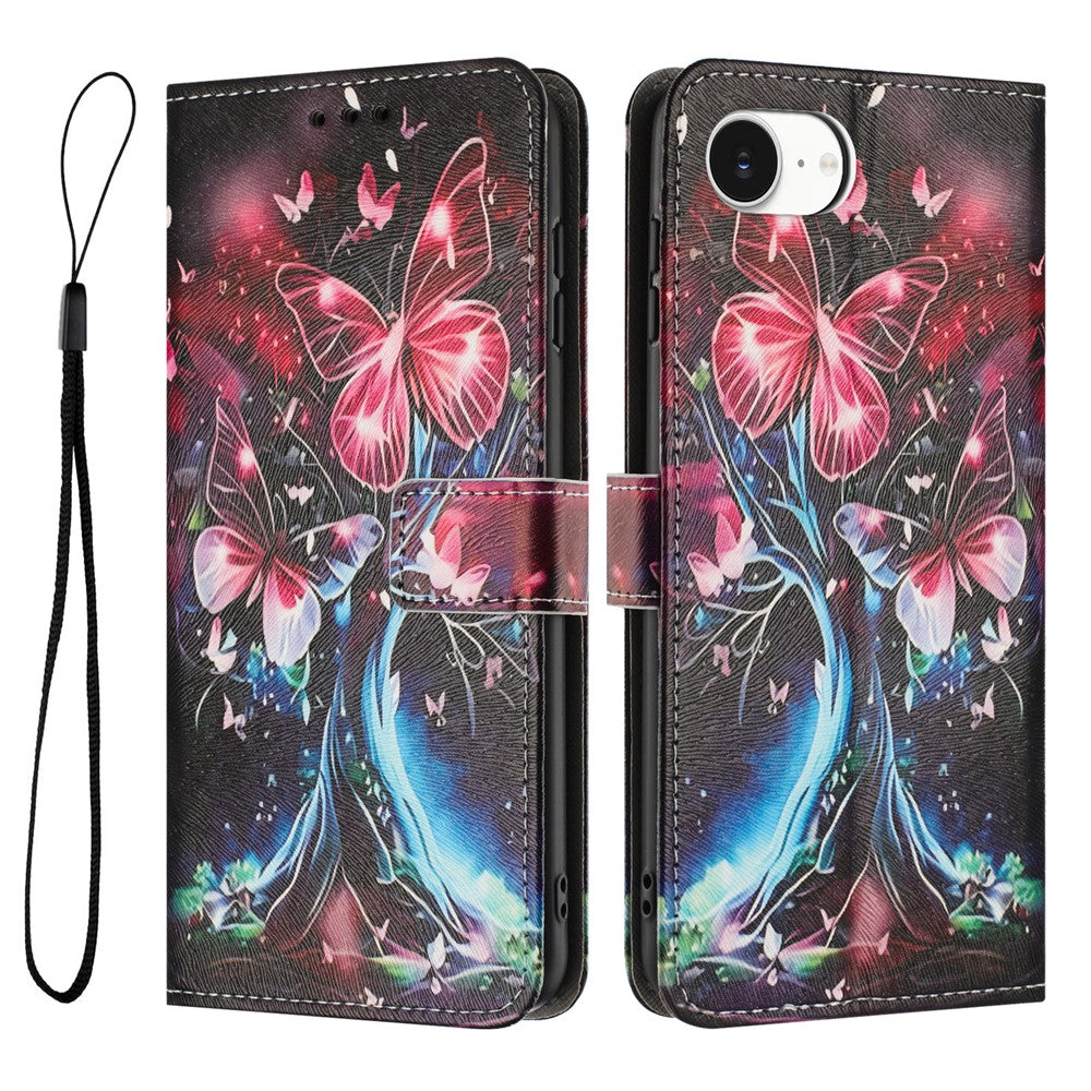 YX-2501 For iPhone 17e / 16e Stand Case Pattern Printing PU Leather Wallet Phone Cover with Lanyard