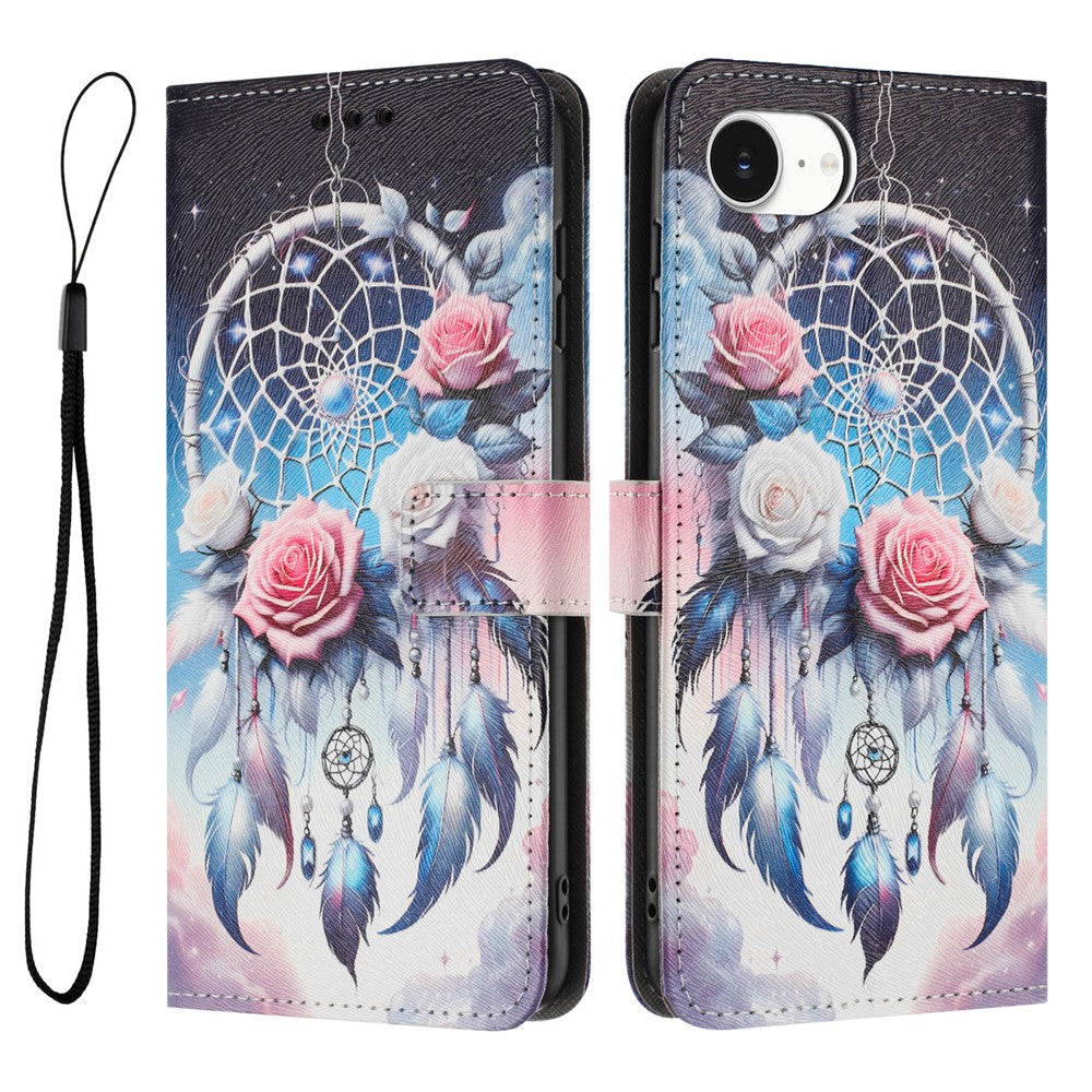 YX-2501 For iPhone 17e / 16e Stand Case Pattern Printing PU Leather Wallet Phone Cover with Lanyard