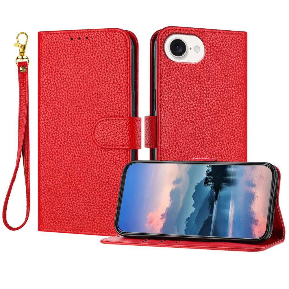 For iPhone 17e / 16e Leather Case Litchi Texture Wallet Stand Anti Drop Phone Cover with Wrist Strap
