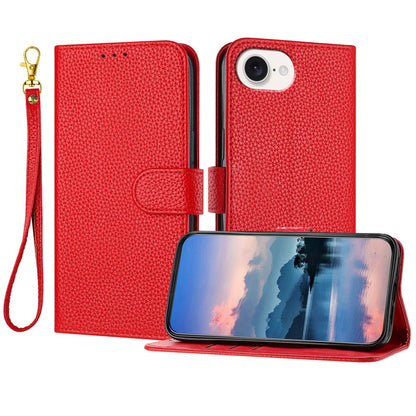 For iPhone 17e / 16e Leather Case Litchi Texture Wallet Stand Anti Drop Phone Cover with Wrist Strap