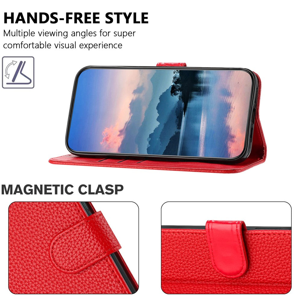 For iPhone 17e / 16e Leather Case Litchi Texture Wallet Stand Anti Drop Phone Cover with Wrist Strap