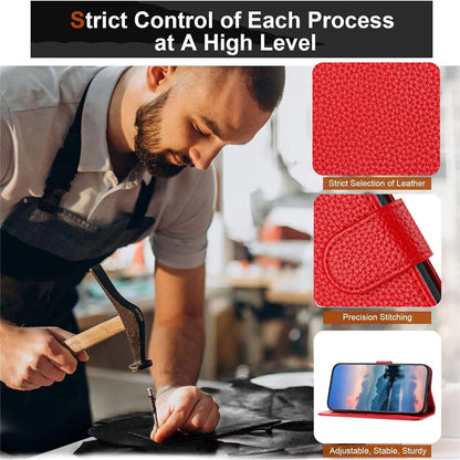 For iPhone 17e / 16e Leather Case Litchi Texture Wallet Stand Anti Drop Phone Cover with Wrist Strap